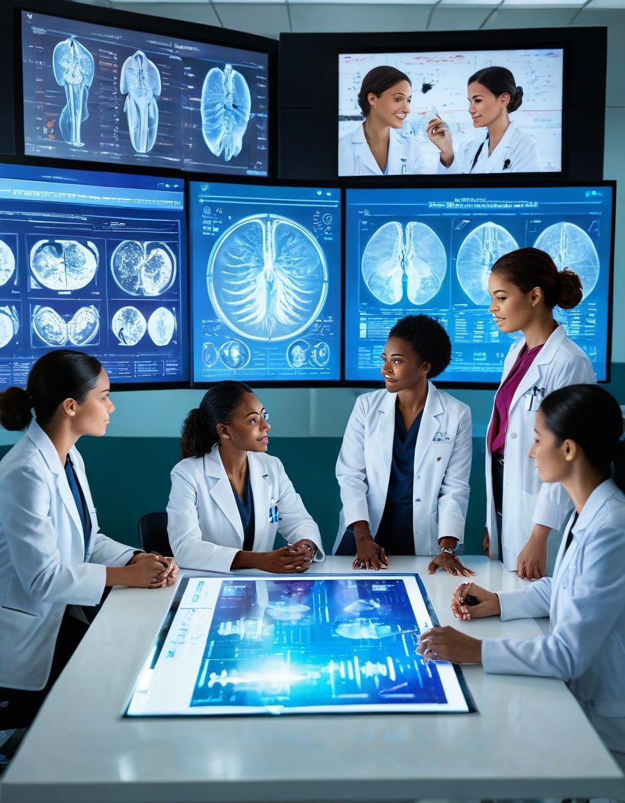 A diverse group of women in healthcare passionately discussing around a futuristic table, with medical charts and holographic screens displaying health data. Each woman represents different cultural backgrounds and professions, inspiring empowerment and collaboration. The background showcases a bright, innovative hospital environment, symbolizing progress. vibrant colors. super-realistic.
