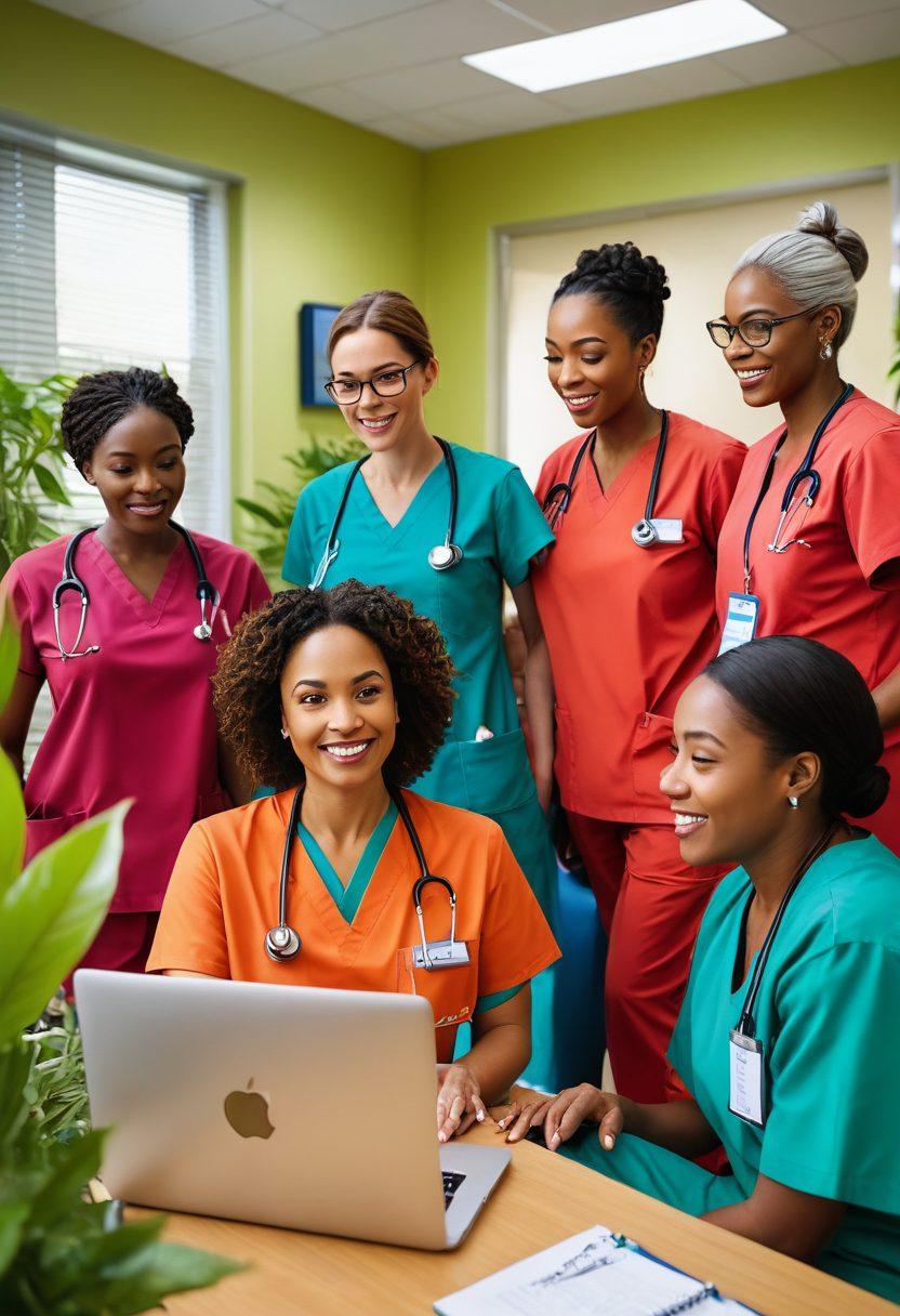 A diverse group of eccentric female physicians of various ethnicities, in vibrant scrubs, collaborating in a bright, colorful hospital setting. One physician is sharing wellness tips via a laptop, while others are engaged in lively discussion, surrounded by plants and health-themed decor. Empowerment and inspiration radiate from their expressions, showcasing their passion for healthcare. super-realistic. vibrant colors. lively atmosphere.