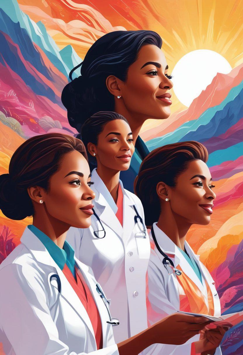 A dynamic illustration of diverse female physicians in action, surrounded by a colorful, abstract background symbolizing inspiration and empowerment. Each physician is engaging with patients, sharing health tips, and radiating confidence. Incorporate elements of nature, such as mountains and sunlight, to symbolize their trailblazing paths. Include uplifting quotes in elegant typography scattered throughout. vibrant colors. vector art.